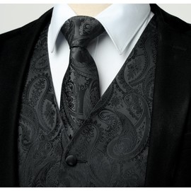Rithern Men's Waistcoat Black Paisley Waistcoats Floral Jacquard Silk Waistcoat Tie Pocket Square Set For Wedding Casual Party Business Suit Vest set 4XL