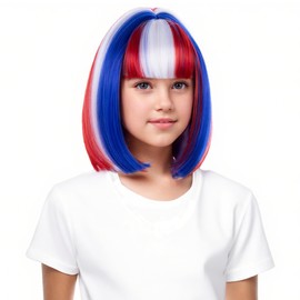 WAVELNM Kids White Blue Red Wig with Bangs Girls Short Bob Wig Child USA Flag Wigs Synthetic 4th of July Wigs for Kids