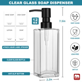 GMISUN Glass Soap Dispenser with Stainless Steel Pump, Clear Hand Soap Dispenser for Bathroom, 12oz Hand and Dish Soap Dispenser Set for Kitchen, Refillable Liquid Soap and Lotion Dispensers Bottle