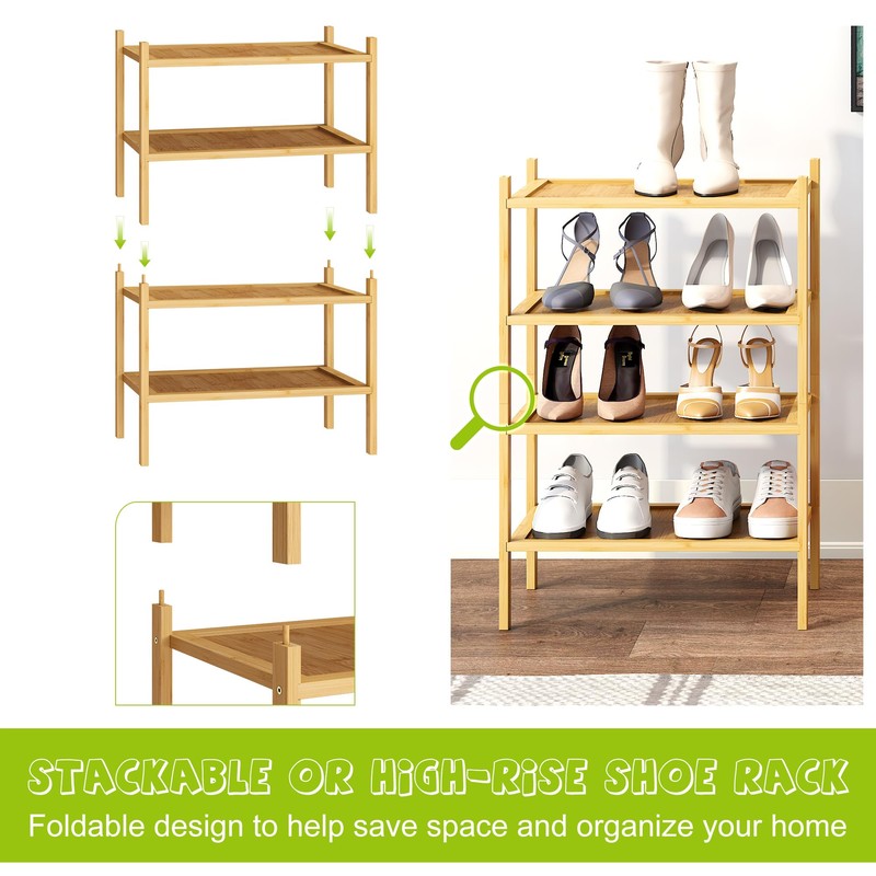 BMOSU 2-Tier Bamboo Small Shoe Rack Premium Stackable Shoe Shelf