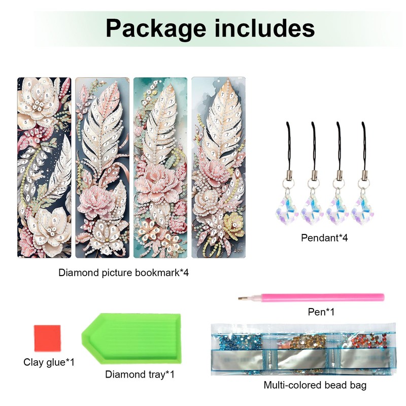 MVVMTOP 4pcs 5D Diamond Art Painting Bookmarks with Crystal Pendant,