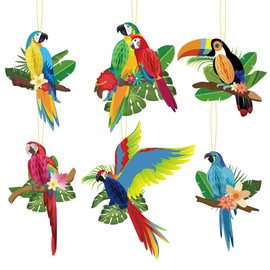 AIMALL 6X Tropical Parrot Honeycomb Decorations - Vibrant Hawaiian Hanging Birds for Summer Party, Bar, Wall Decor