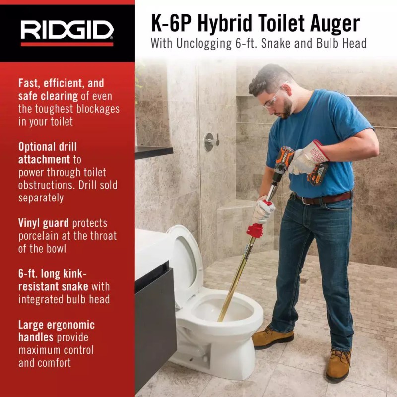 RIDGID K-6P Hybrid Toilet Snake Auger Cable Extends 6' Integrated