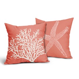 Coastal Coral Throw Pillow Covers 16x16 Inch Set of 2 Starfish Beach Nautical Pillow Covers Summer Farmhouse Pillowscase Linen Square Cushion Covers for Sofa Couch Bedroom Living Room Home Decoration