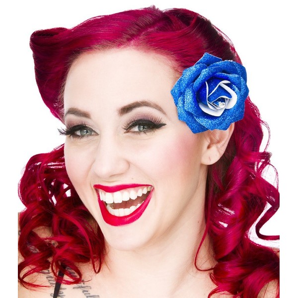 Blue Glitter Rose Hair Clip from Sourpuss Clothing,One Size
