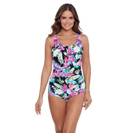 Shapesolver Women's Standard Mastectomy Shirred Front Girl Leg One Piece, Mystic Tropic