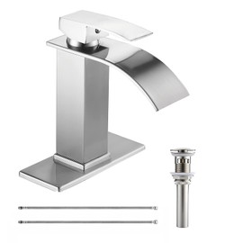 Bathroom Sink Faucet with Drain Assembly Brushed Nickel Waterfall Spout Single Handle Bath Vanity Sink Faucet One Hole Lavatory Basin Mixer Tap with Hole Cover Plate Solid Brass Modern Deck Mount