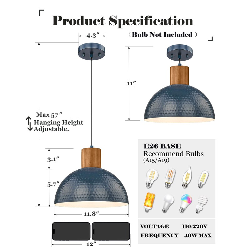 ELYONA Industrial Pendant Light 12" Hammered Metal Dome Hanging Lamp