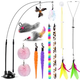 SeaMorn Interactive Indoor Cat Feather Toys,2 Durable Wands,12 Nature Feather Toys,With Sticky Super Suction Cups,2 Types Of Door Hanging Cat String For Kitten