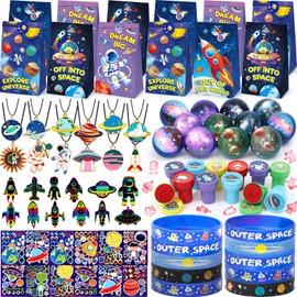 SNLN Outer Space Party Favors Astronaut Birthday Supplies Bag Bouncy Ball Scratch Paper Stamp Necklace Silicone Bracelet Diy Sticker Goodie Bag Stuffer Kids Boys Space Themed Party Favors