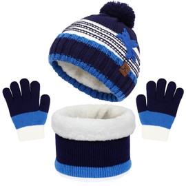 AYPOW 3pcs Kids Winter Warm Beanie Hat Scarf Gloves Set 4-8 Years, Thicken Fleece Lined Thermal Knitted Winter Accessories Sets for Kids Children Boys Girls, Beanie Cap with Pom Neck Warmer Mittens