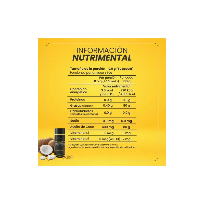 Nuboost Vitamina D3 + K2 Y Aceite De Coco, 300