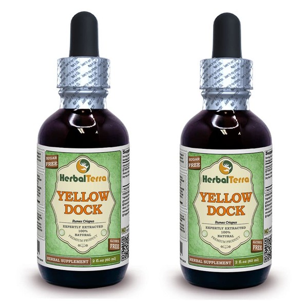 Yellow Dock (Rumex crispus) Glycerite, Organic Dried Roots Alcohol-Free Liquid Extract (Brand Name: HerbalTerra, Proudly Made in USA) 2x2 fl.oz (2x60 ml)