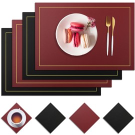 Neween Placemats and Coasters Set of 4, PU leather Heat-Resistant Table Mats Non-Slip Washable Place Table Mats 45x30 cm for Kitchen Dining Table, Home, Restaurant, Hotel (Black Red)