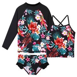 Girls 3-Piece Swimsuit Long Sleeve Rash Guard Set Tankini Bathing Suits Sun Protective UV 50+ Beach Swimwear 3-10 Years S445_BlackFlower_116/122
