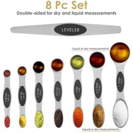 Magnetic Measuring Spoons Set of 8, TKNO Dual Sided Stainless Steel Stackable Teaspoon Tablespoon with Scale and Leveler, Fits in Spice Jars for Measuring Dry and Liquid Ingredients