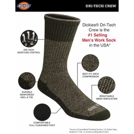 Dickies Men's Dri-Tech Essential Moisture Control Crew Socks, Available in M-XXL (6, 12 Pairs), Olive Marl (6 Pairs), Large