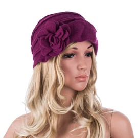 Lawliet Solid Color 1920s Womens 100% Wool Flower Winter Bucket Cap Beret Hat A376 (Dark Purple)
