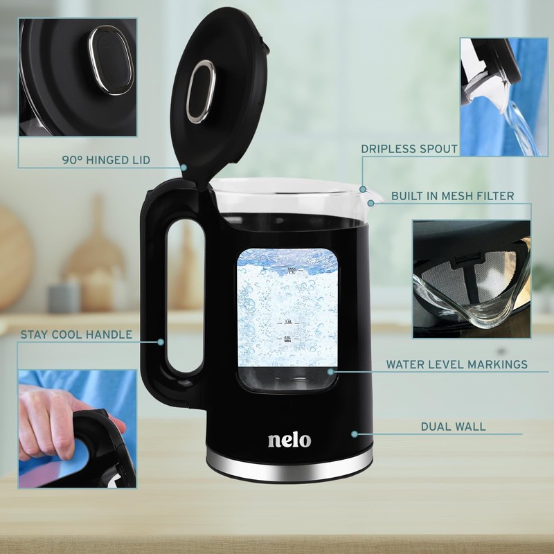 NELO Electric Kettle with Keep Warm Function, Sleek Glass Window