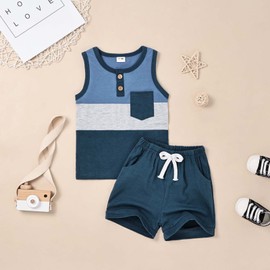FOCUTEBB - Conjunto de ropa de verano para niños pequeños, sin mangas, con retazos y pantalones cortos, 6 meses-4T, Azul oscuro, 12-18 Meses