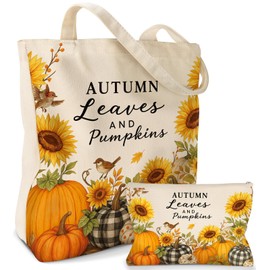 Miss Adola 2 Pack Canvas Tote Bag - Reusable Canvas Totes with Makeup Zipper Pouch Women Ladies Aesthetic Cute Bird Pumpkin Shoulder Bag for Shopping, Work, Gym, Travel