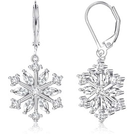 Milacolato 925 Sterling Silver Snowflake Drop Earrings for Women 18K White Gold Plated Leverback Dangle Christmas Snowflake Earrings High Polished Silver Dangle Drop Earrings