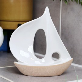 Darthome Ceramic Sail Boat Ornament White Two Tone Nautical Coastal Bathroom Decoration