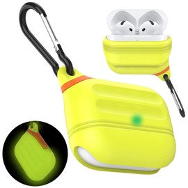 for AirPods 4 Case Waterproof 2024, Anti-Lost Silicone Protective Cover, Wireless Charging & LED Visible, with Hook 【 US Patent Registered 】, Night Glow Yellow
