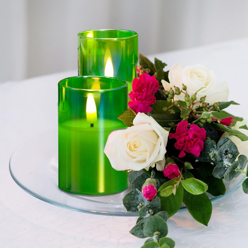 Eywamage Green Glass Flameless Candles with Remote Batteries, Flickering Slim