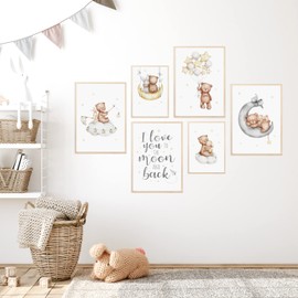 MeinBaby123® Children's Room Posters, Set of 6 DIN A4 Poster Set, Wall Pictures with Saying, Rainbow, Decorative Children's Room, Girls and Boys, Baby Room Decoration (Stars & Bear V1)