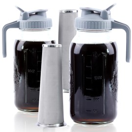 Cold Brew Coffee Maker 64 Oz Mason Jar Cold Brew Pitcher With Strainer 2 Set Half Gallon Wide Mouth Glass Iced Coffee Maker With Spout Lids 2 Quart Glass Pitcher For Fridge, Lemonade, Cold Brew