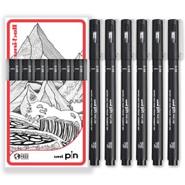 uni-ball PIN Fineliners | Black Fine Tipped Writing Pens | Water & Fade Resistant Ink | Ideal for Sketching, Scrapbooking, Outlining, Art, Technical Drawing | In Gift Box (Pack of 6, 0.03mm)