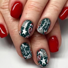 Christmas Press on Nails Short Square Fake Nails Dark Green False Nails Press ons with Designs Winter Snowflake Star Full Cover Glossy Glue on Nails Acrylic Stick on Nails for Women Manicure 24 Pcs
