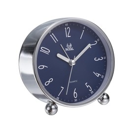 sourcing map Metal Quartz Alarm Clock, Silver-crusted Blue Surface Alarm Clocks for Bedrooms, Adjustable Volume, Dimmable, Snooze, 12/24H