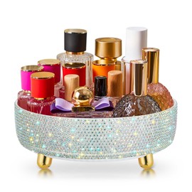 Honeydak Bling Perfume Makeup Organizer Rhinestone Bathroom Organizers and Storage 360 Rotating Makeup Organizer for Countertop Women Girls Essentials(White,Rhinestone)