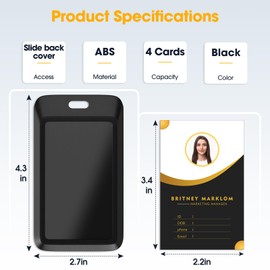 4 Pack Sliding Black ID Badge Holder, Heavy Duty Plastic ID Badge with Clear Window, Vertical Key Card Holder Protector Pouch for Office School ID Cards Proximity Key Cards Drivers Licenses & Passes