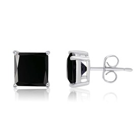 KEZEF Black CZ Stud Earrings for Men or Women, 14K White Gold, Yellow Gold, or Black Rhodium Plated Sterling Silver Studs, Princess Square Cut, 3-9mm, Hypoallergenic