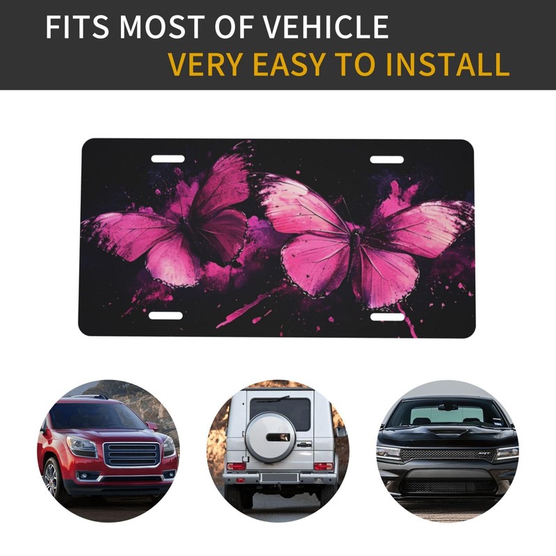Pink Butterfly License Plate Decorative Metal Car Plate