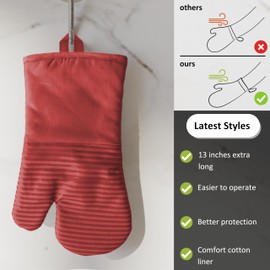 Heat-Resistant Silicone Mitts – 13” x 7” Non-Slip Cotton Baking & Cooking Gloves, Soft & Flexible Grip,Heavy-Duty Kitchen (Red-Silicone Stripes, 12'' Oven Mitts + 5.5'' Mini Oven Mitts)