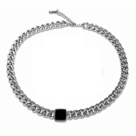 Daisy Philip CURB Mens Necklace Silver Chain Cuban - Stainless Steel Jewellery - Neck Link Chains Black square choker for Men Man Women Boys