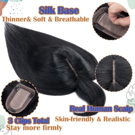S-noilite Hair Toppers for Women Real Human Hair Topper with Bangs 100% Remy Human Hair Toppers Wigs Clips in Hair Pieces for Thinning Hair/Hair Loss(6 Inch,Jet Black)
