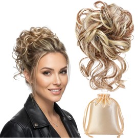 Large Bun Hairpiece Hair Scrunchie with Hair Updo Hairstyles, Curly Messy Bun Hairpiece with Elastic Band, Synthetic Messy Bun Hair, Tousled Updo Hairpieces for Women (Medium Brown Mix Strawberry Blonde)