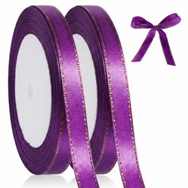 2 Rolls 50 Yards Purple Satin Ribbon with Gold Edges 3/8 Inch Double Faced Purple Satin Ribbon Gold Border Fabric Ribbons Funeral Ribbons for Xmas Tree Gift Wrapping DIY Crafts Christmas Decor