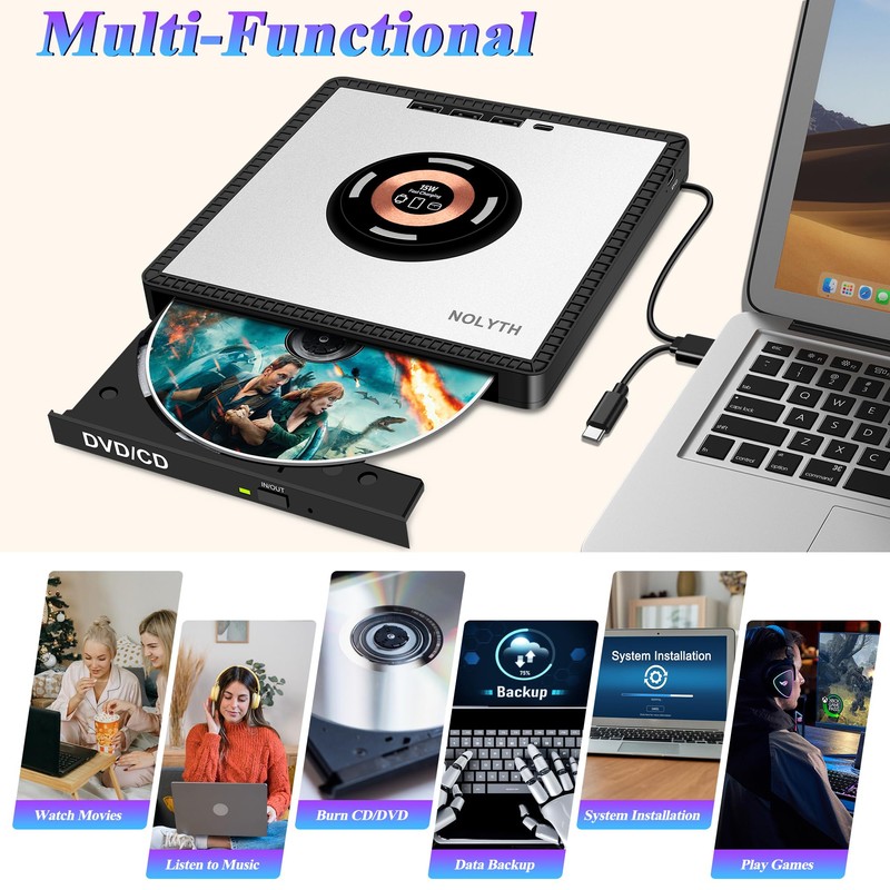 NOLYTH External CD Drive for Laptop: with 15W Wireless Charger