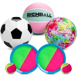 Richball 4-in-1 Outdoor Sports Ball Set for Kids – Soccer Ball, Basketball, Volleyball & Toss-and-Catch Paddle Game for Boys & Girls 4-12 Years Old Gifts