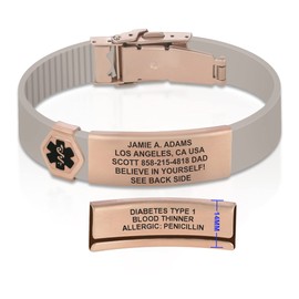 Divoti Custom Dual-Sided Engraved Silicone Medical Alert ID Wristband w/Security Clasp & Trim-to-Fit Pebble Stone Silicone Band w/Security Clasp - 14MM PVD Rose Gold/Black