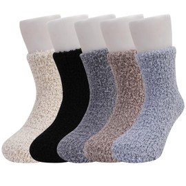 QKURT 5 Pairs Non Slip Baby Fluffy Socks, Coral Fleece Kids' Socks Toddler Bed Socks Slipper Socks Plush Winter Socks with Anti-Slip Grips for Boys and Girls, Age 0-5