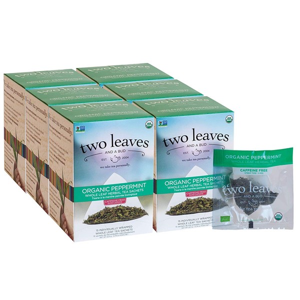 Two Leaves and a Bud Organic Peppermint Tea Bags, Naturally Caffeine Free, Herbal Whole Leaf Peppermint Tea in Compostable Sachets, 15 Count (Pack of 6)