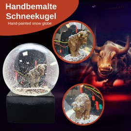 10010 Snow Globe Stock Exchange, Glass Globe Bull & Bear, Black Corner Base, Gift Idea Börsians, Paperweight for Traders, Height: 12 cm, W: 10 cm