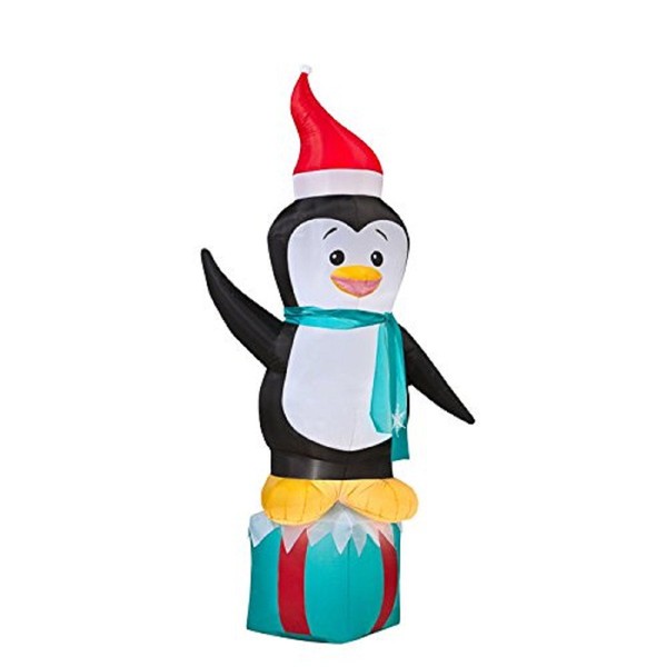 Gemmy Airblown Inflatable Penguin Wearing Santa Hat Standing On Blue Present - Indoor Outdoor Use, 7-foot Tall
